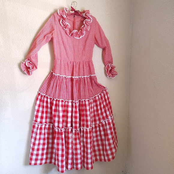 VTG Cottagecore Red Ruffled Gingham Plaid Maxi Dress Size S - Picture 3 of 11